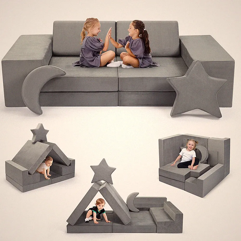 Modular Kids Play Couch for Playroom Bedroom, 9 in 1 Gray, Kids Large Game Toy