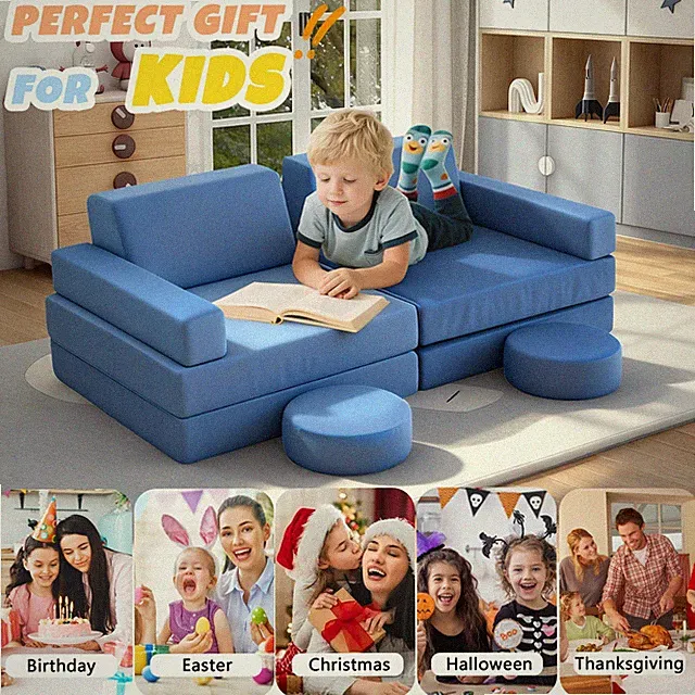 Modular Kids Play Couch Indoor Furniture Set Toddler Sofa Chair Seat Set Blue