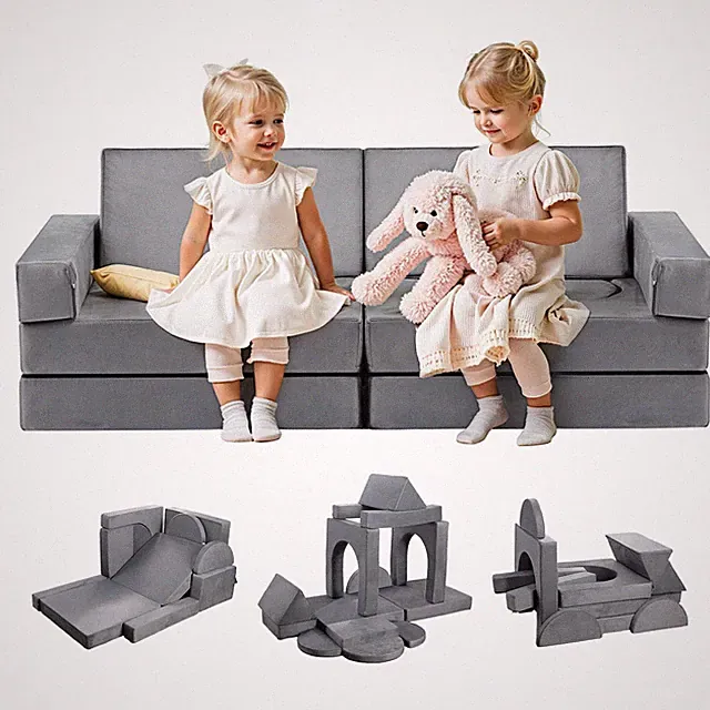 Modular Kids Play Couch,Sectional Toddler Sofa w/Armrests,28D Sponge & Short Pi