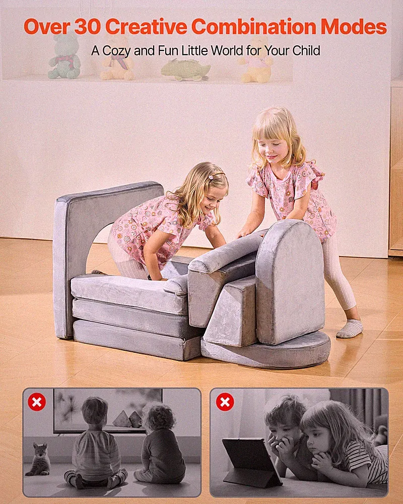 Modular Kids Play Couch, Sectional Toddler Sofa with Armrests, Gray