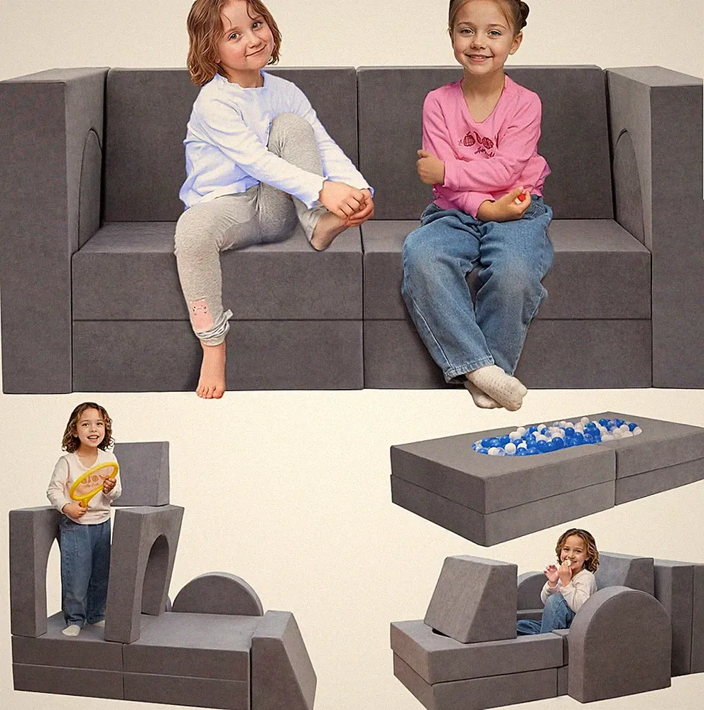 Modular Kids Play Couch Set - 10 Pcs Convertible Foam Sofa for Playroom, Grey