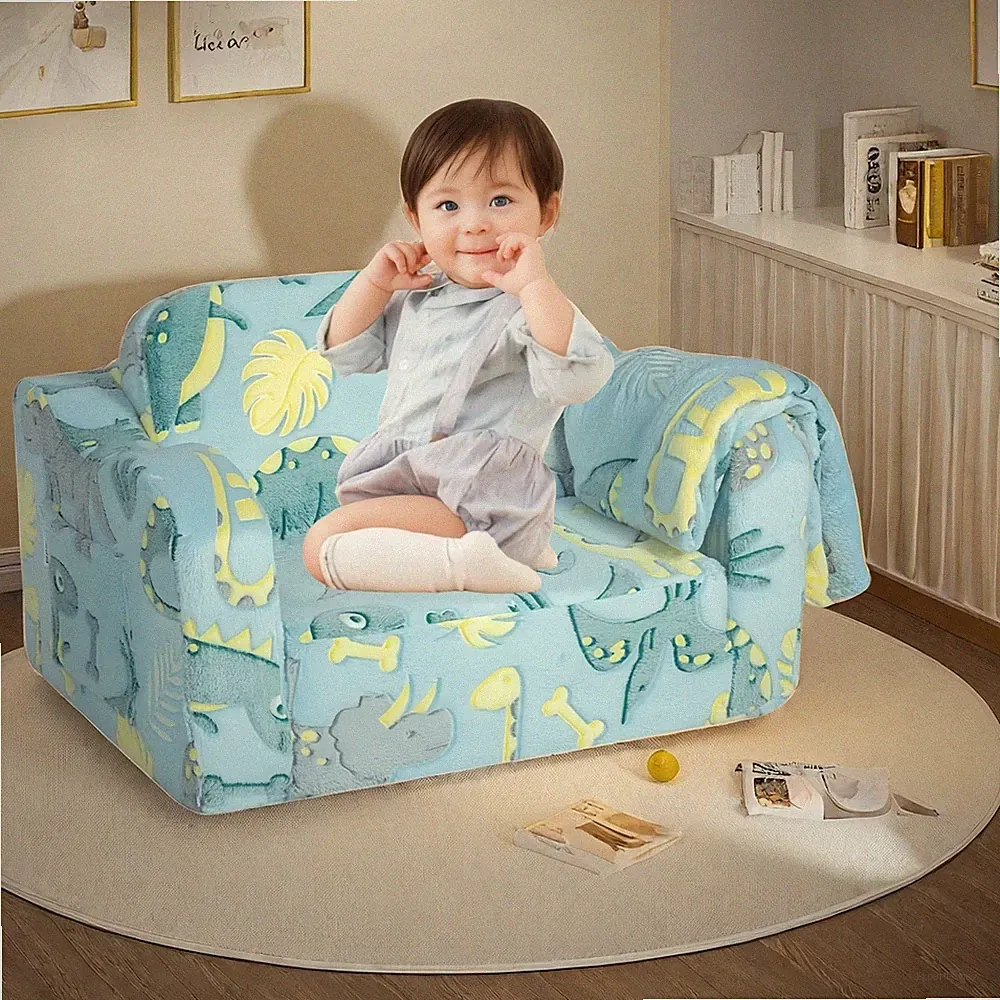 Modular Kids Play Couch Set, 2 Seat, Blue Linen Sofa