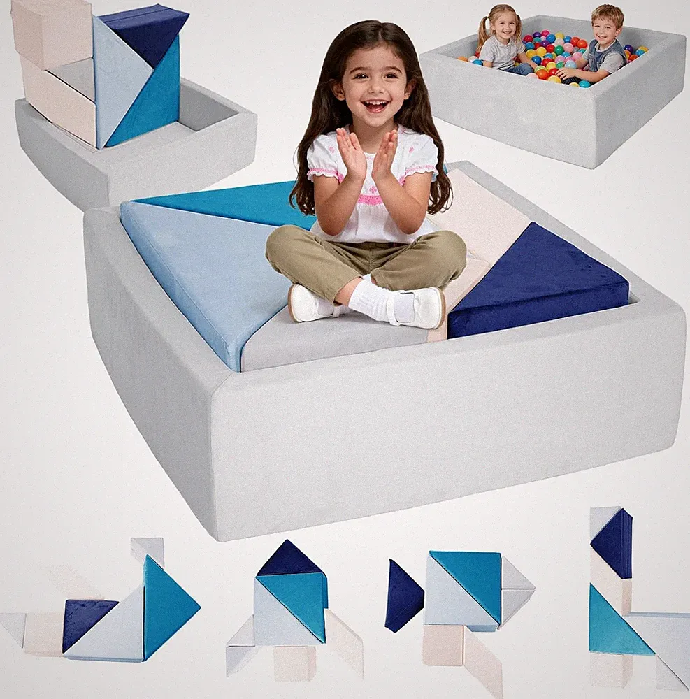 Modular Kids Play Couch with Ball Pit - Blue Tangram Puzzles Sofa