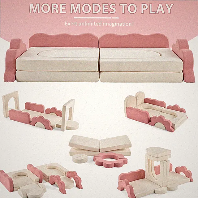 Modular Kids Sofa, All-Sponge Pink & White Corduroy, Free Combination Design