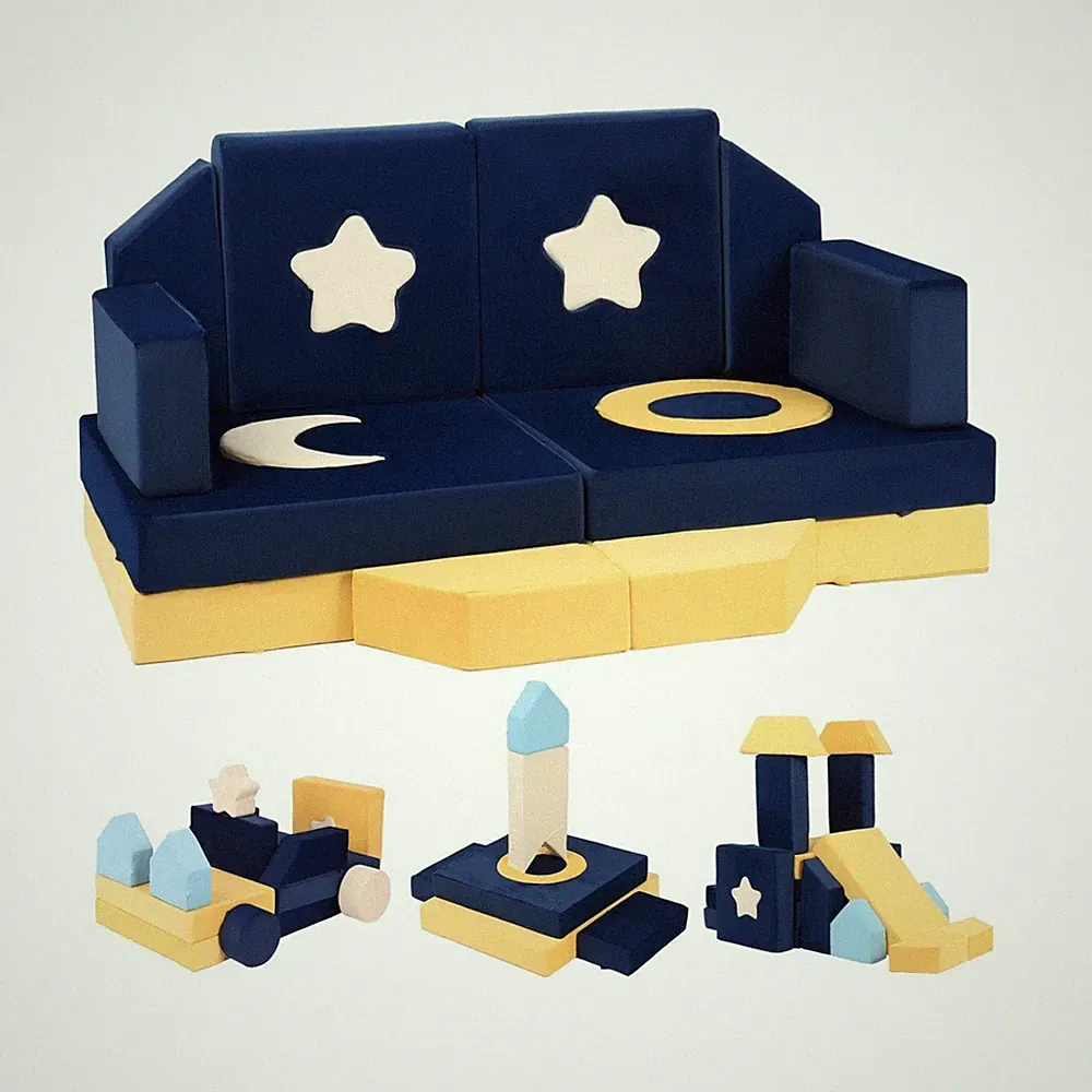 Modular Kids Sofa Playset, Space Theme, Navy/Yellow, 55.1x30x25 in, Convertible