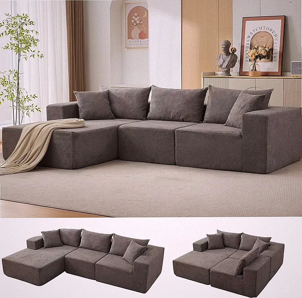 Modular L Shape Cloud Sofa Corduroy Sectional Memory Foam Boneless Couch 4 Seat
