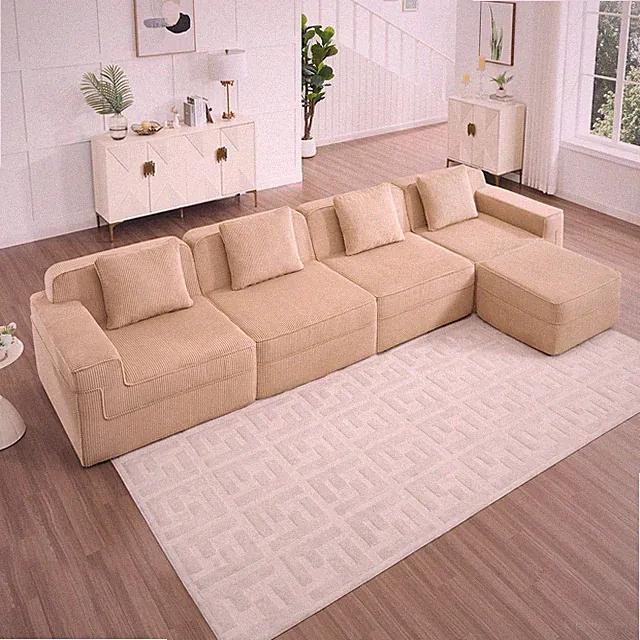 Modular L-Shape Corduroy Sectional Sofa 4 Seats w/ Ottoman & Throw Pillows Camel