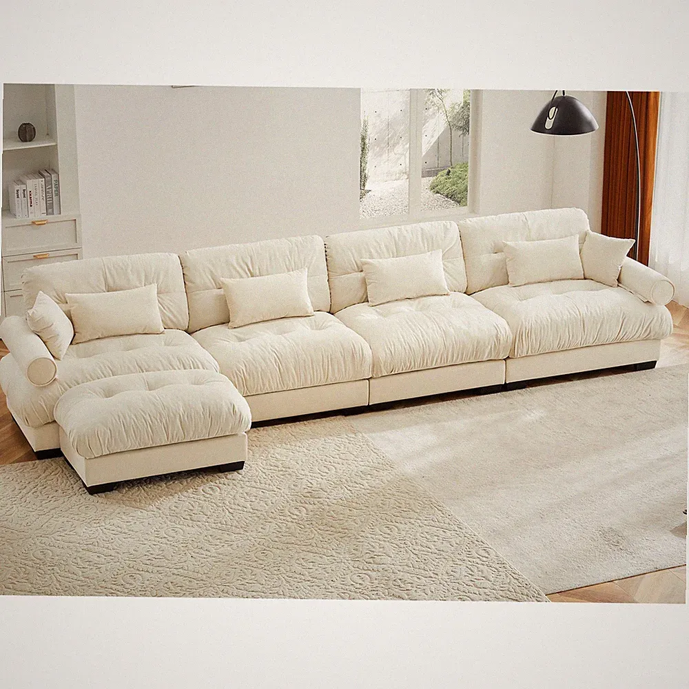 Modular L-Shape Sectional Sofa 4-Seater Velvet Corner Couch w/ Pillows Cream