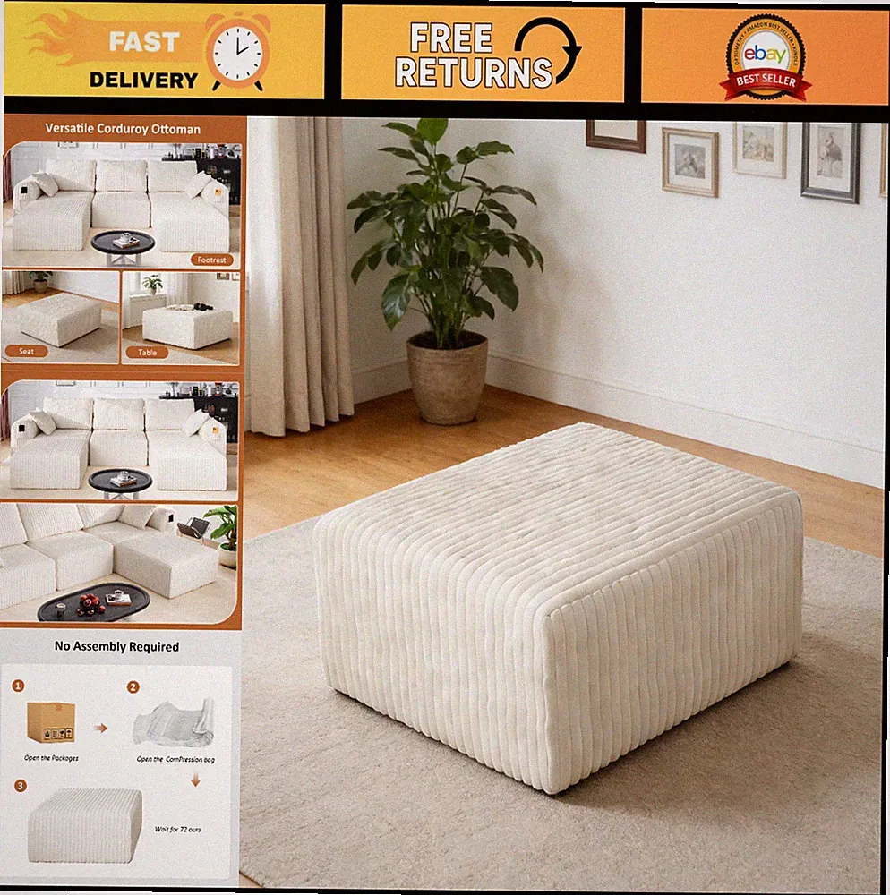 Modular L-Shape Sectional Sofa, Comfy Corduroy Couch with Ottoman, Deep Seat, No