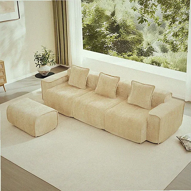 Modular L-Shape Sectional Sofa w/ Ottoman - 3-Seat Velvet Light Camel