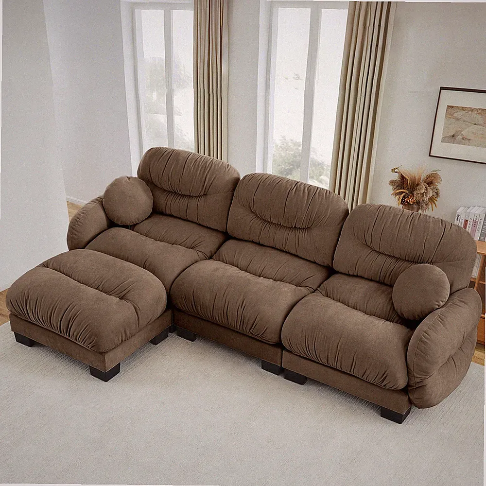 Modular L-Shape Sectional Sofa w/ Ottoman, Chenille Fabric, 3-Seater, Brown