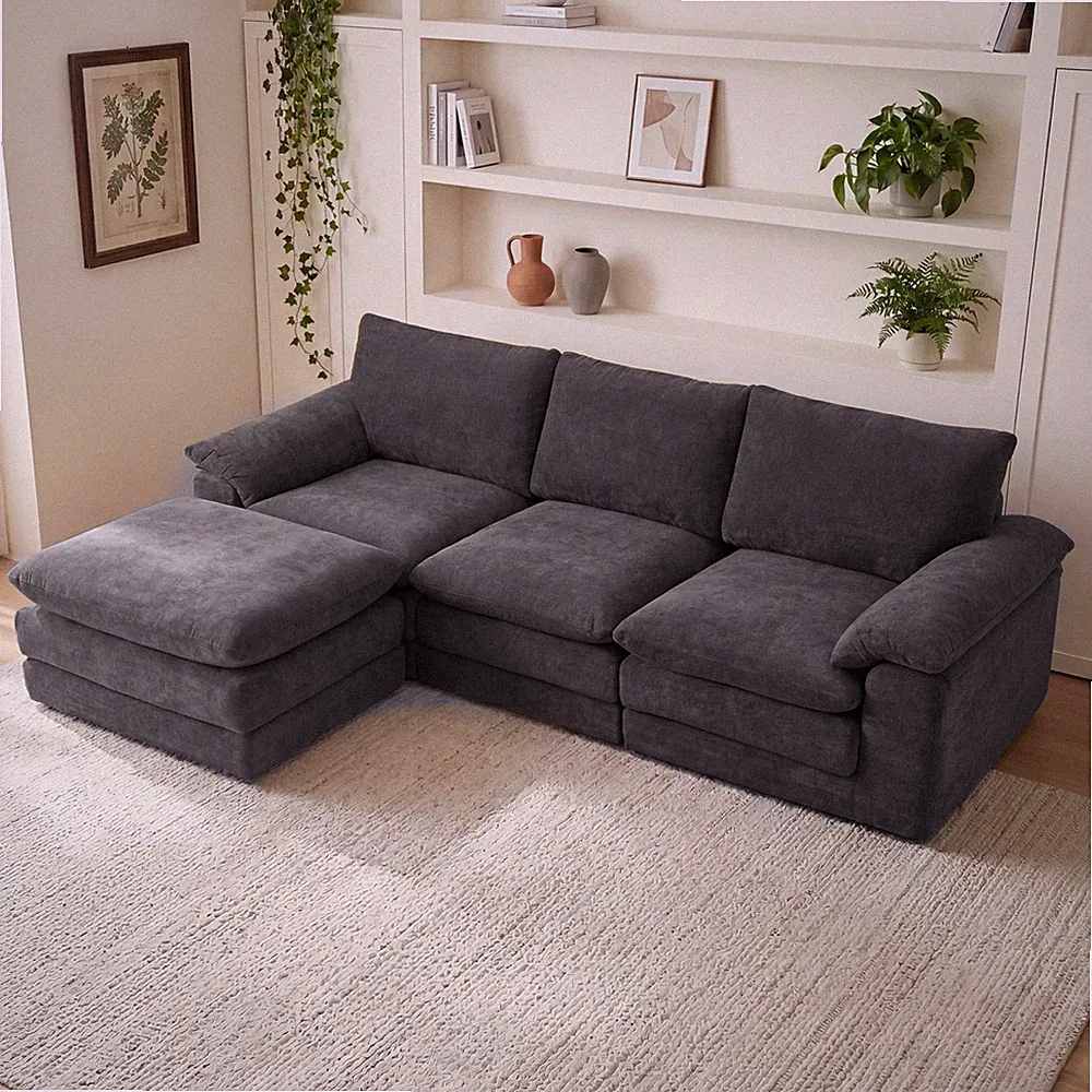 Modular L-Shape Sectional Sofa with Ottoman, Chenille, 5-Seat, Black