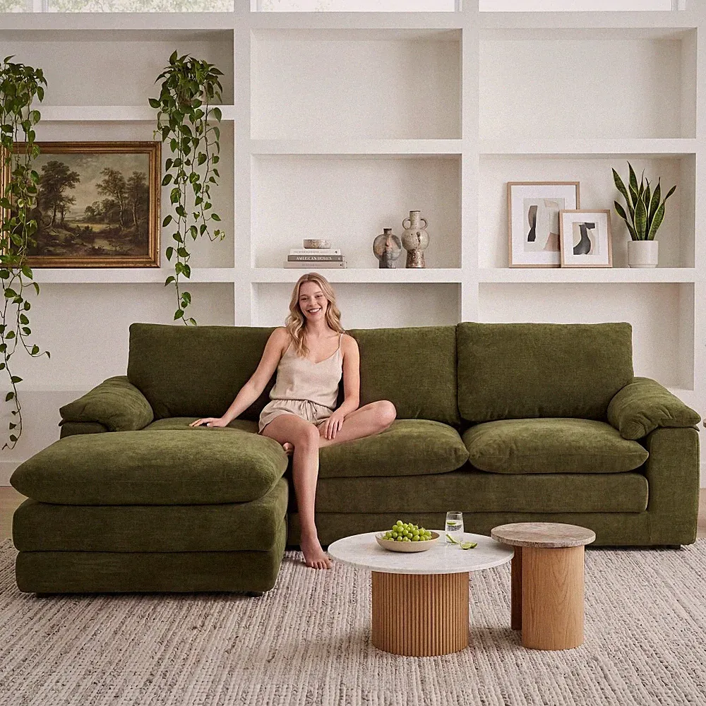 Modular L-Shape Sectional Sofa with Ottoman, Chenille, Green