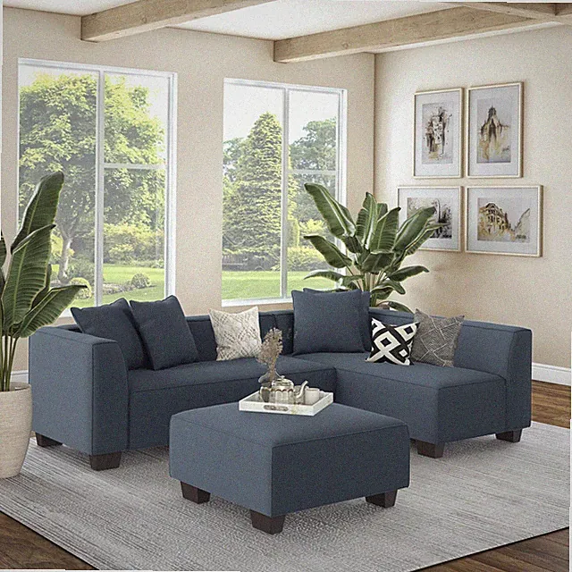 Modular L shape Sectional Sofa with Ottoman & Throw Pillows in Navy Blue with Bl
