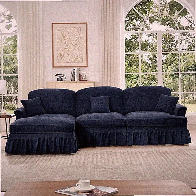 Modular L-Shaped 3 Seater Sectional Sofa w/Removable Blue Ruffles Chenille