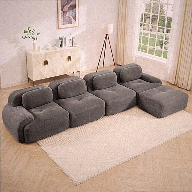 Modular L-Shaped 4 Seat Corduroy Sofa, High-Resilience Sponge, Grey