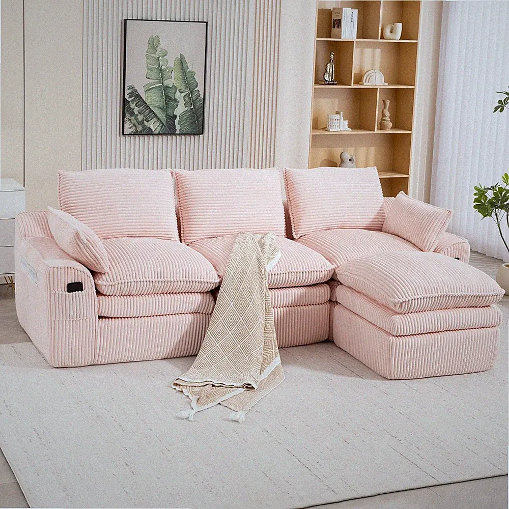 Modular L-Shaped Corduroy Sectional Cloud Sofa w/ Footstool & Pillows, Pink