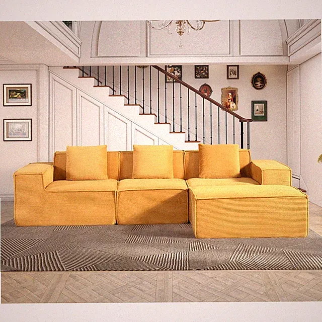 Modular L-Shaped Corduroy Sectional Sofa w/ Ottoman & Pillows, Ginger