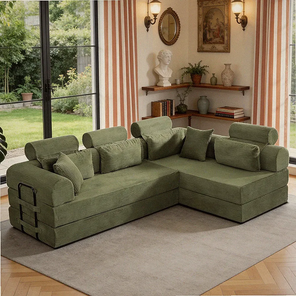 Modular L-Shaped Sectional Sofa Bed Sleeper Couch Compact Green Easy Setup