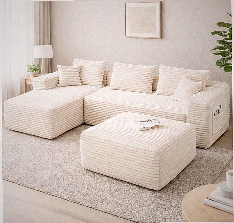 Modular L-Shaped Sectional Sofa Beige w/Ottoman 103.5'' Living Room Couch