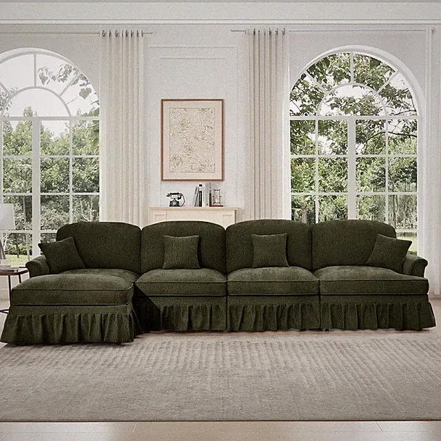 Modular L-Shaped Sectional Sofa Chenille Fabric, 4-Seat w/ Ottoman, Green