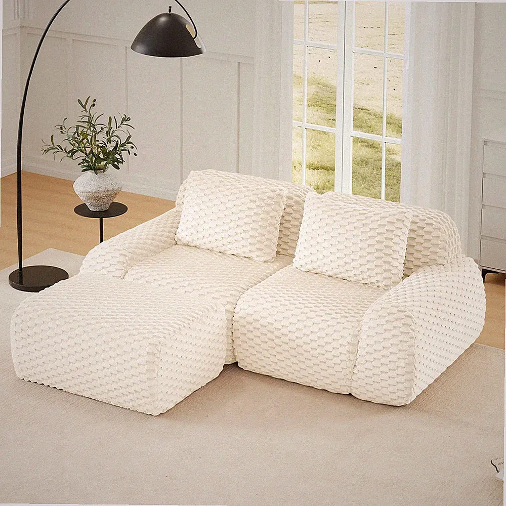 Modular L-Shaped Sectional Sofa Flannelette Fabric Deep Seat Cream