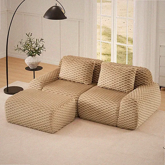 Modular L-Shaped Sectional Sofa Flannelette Fabric Deep Seat Light Camel