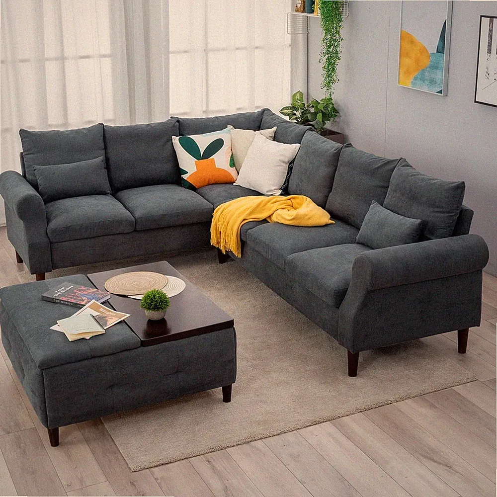 Modular L Shaped Sectional Sofa Living Room Gray Linen Fabric Scroll Arms