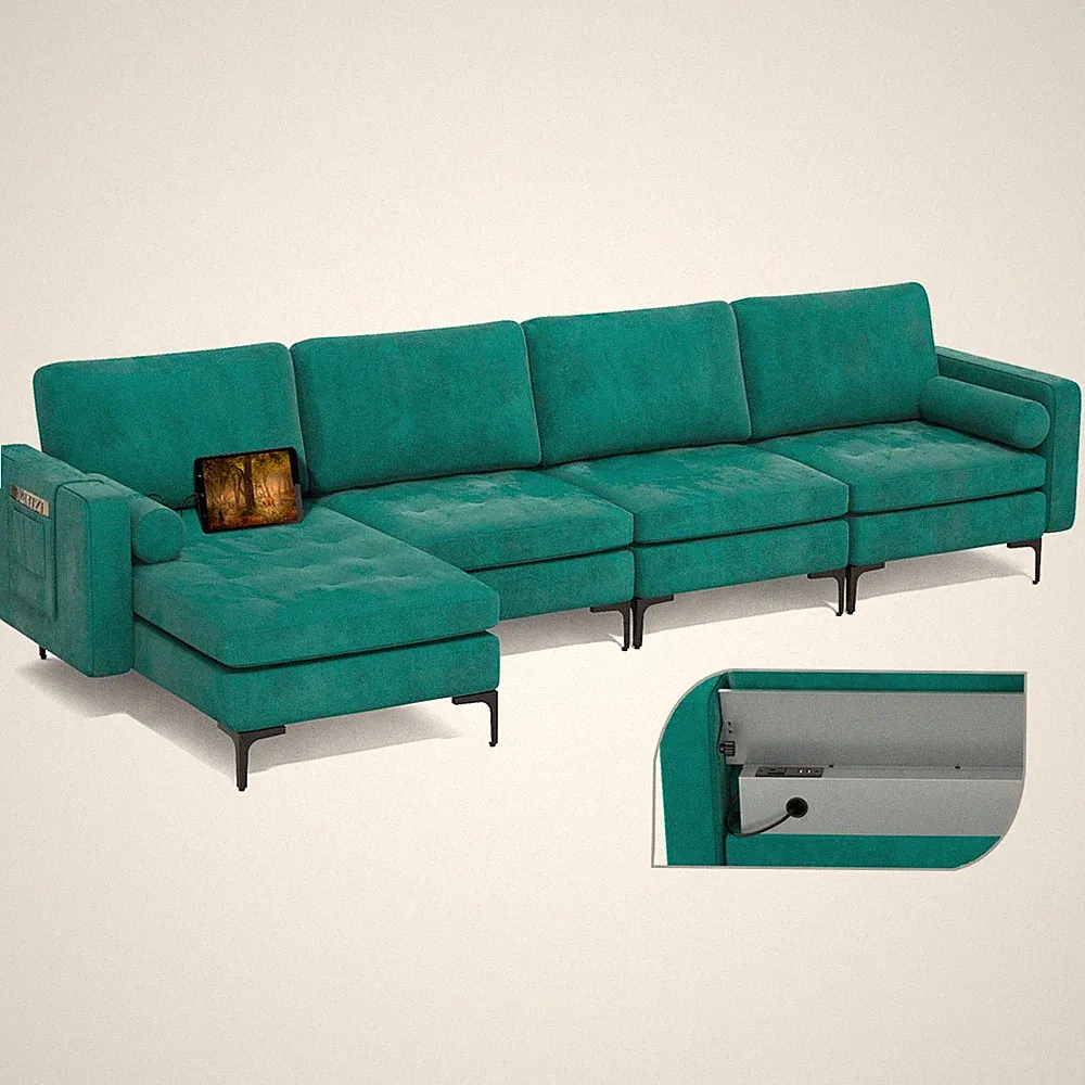 Modular L-shaped Sectional Sofa w/ 2 USB Ports Teal & Reversible Chaise
