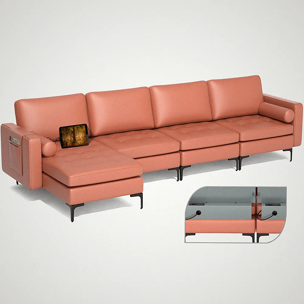 Modular L-shaped Sectional Sofa w/ 4 USB Ports & Reversible Chaise Coral Pink