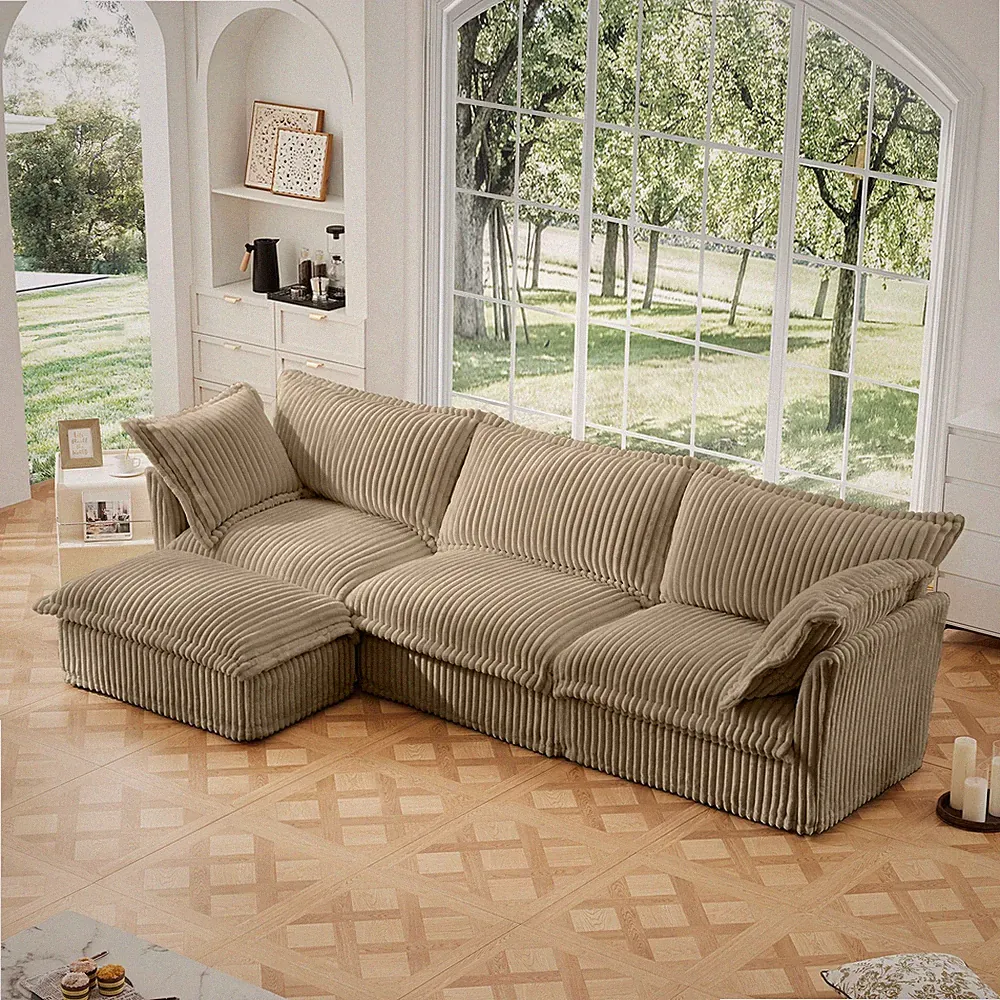 Modular L-Shaped Sectional Sofa w/ Ottoman, Camel Corduroy, 3-Seater