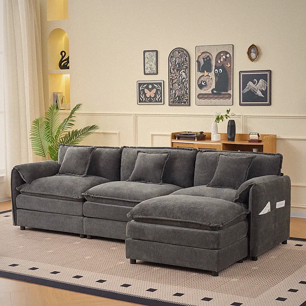 Modular L-Shaped Sectional Sofa w/ Ottoman, Grey Chenille, 3-Seat, Modern Design