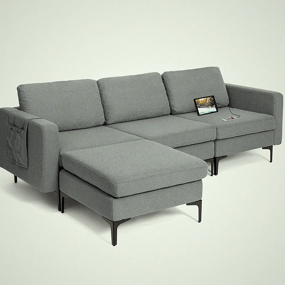 Modular L-shaped Sectional Sofa w/Overstuffed Backrest & Thick Cushion Dark Grey