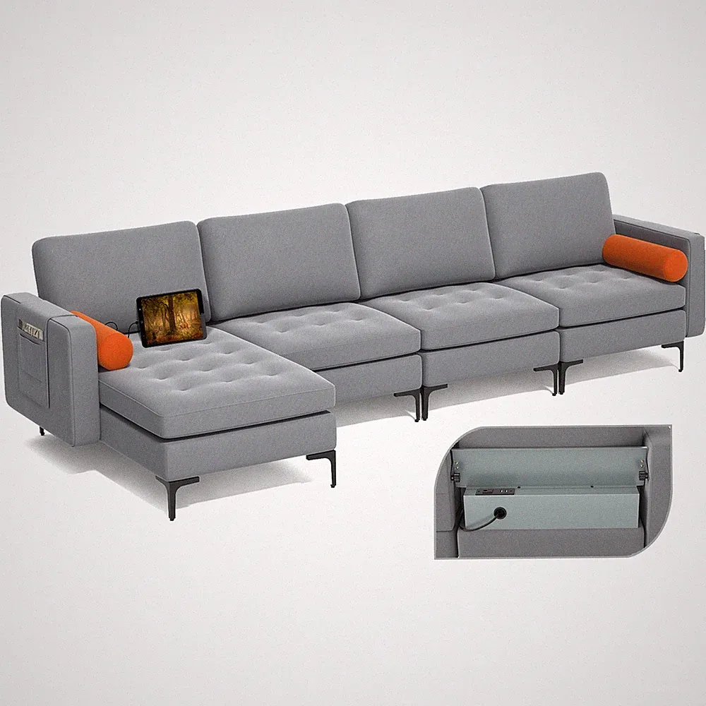 Modular L-shaped Sectional Sofa w/ Reversible Chaise & 2 USB Ports Ash Grey