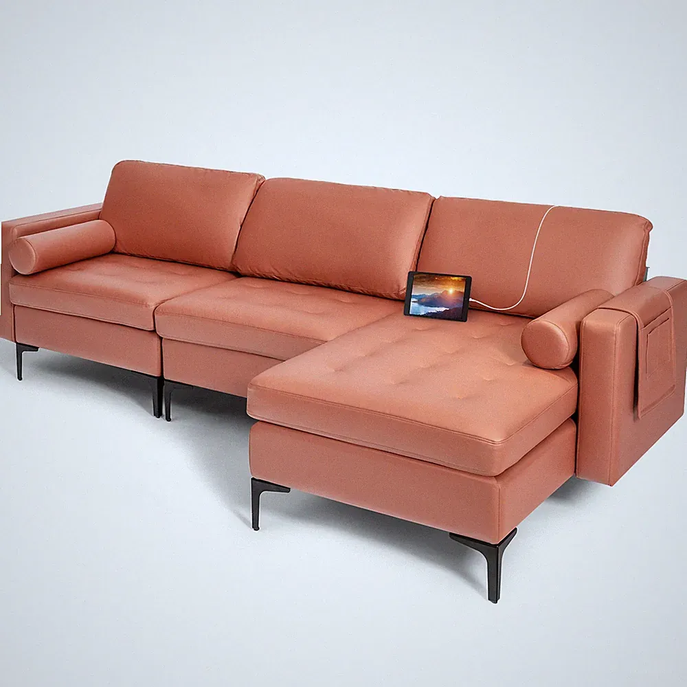 Modular L-shaped Sectional Sofa w/ Reversible Chaise & 2 USB Ports Coral Pink