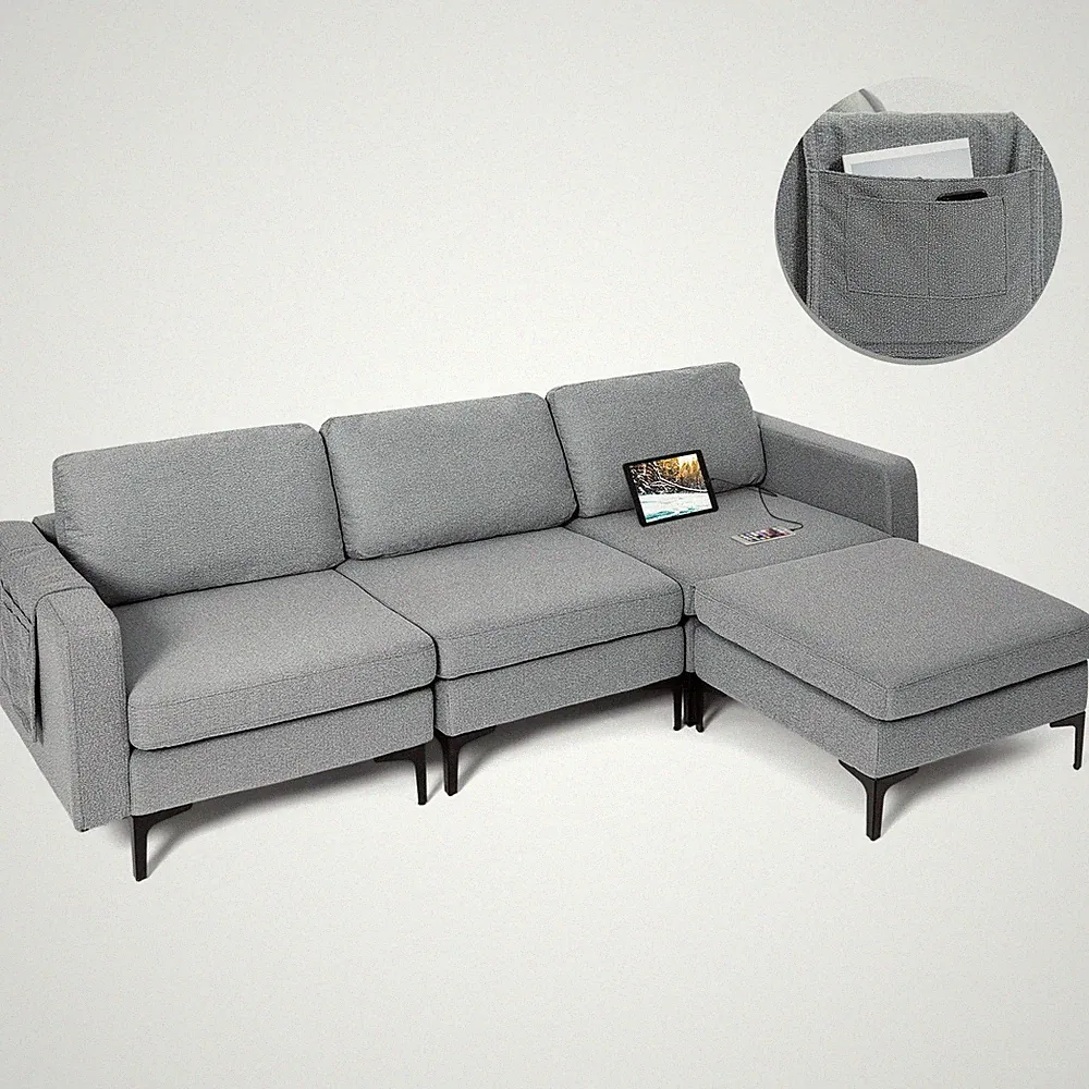 Modular L-shaped Sectional Sofa w/ Reversible Chaise & 2 USB Ports Dark Grey