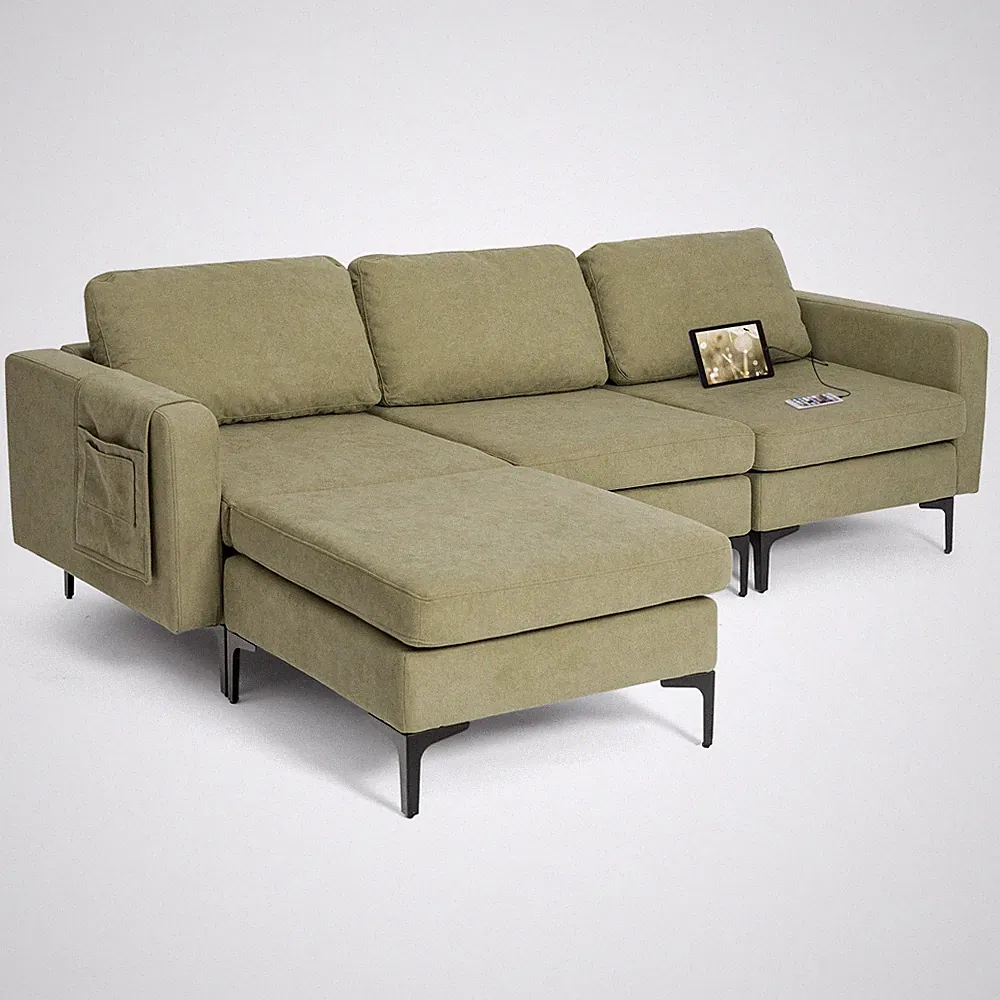 Modular L-shaped Sectional Sofa w/ Reversible Chaise & 2 USB Ports Green