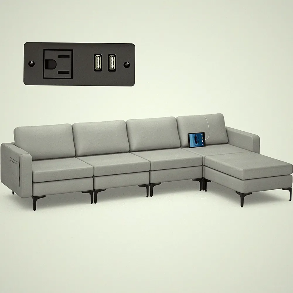 Modular L-shaped Sectional Sofa w/ Reversible Chaise & 2 USB Ports Light Grey