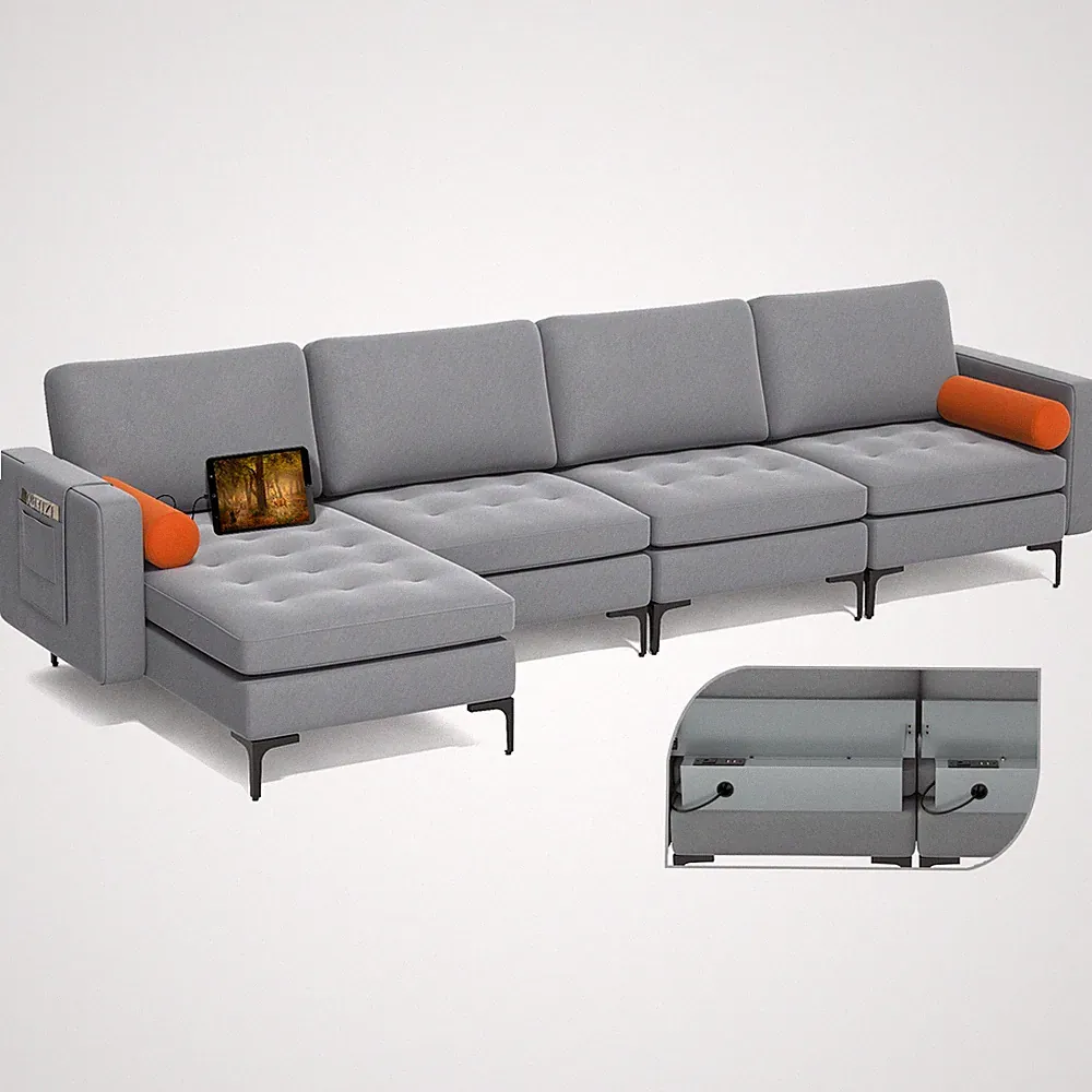 Modular L-shaped Sectional Sofa w/ Reversible Chaise & 4 USB Ports Ash Grey