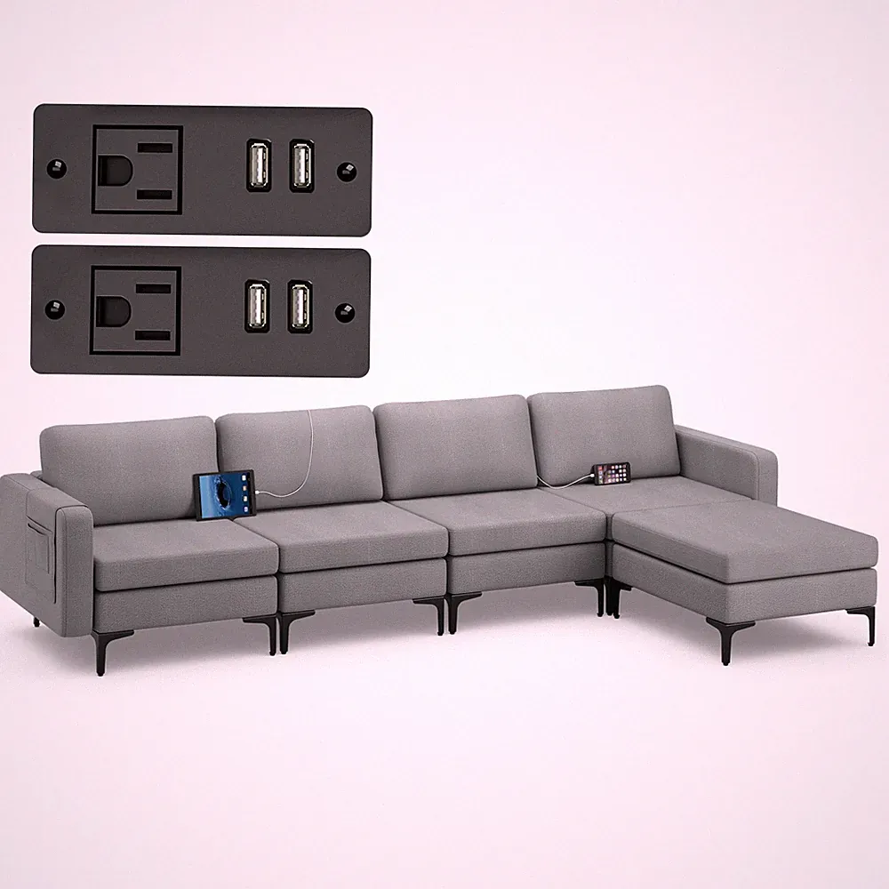 Modular L-shaped Sectional Sofa w/ Reversible Chaise & 4 USB Ports Dark Grey