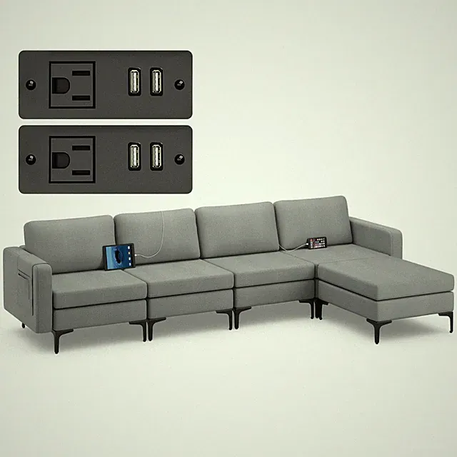 Modular L-shaped Sectional Sofa w/ Reversible Chaise & 4 USB Ports Dark Grey