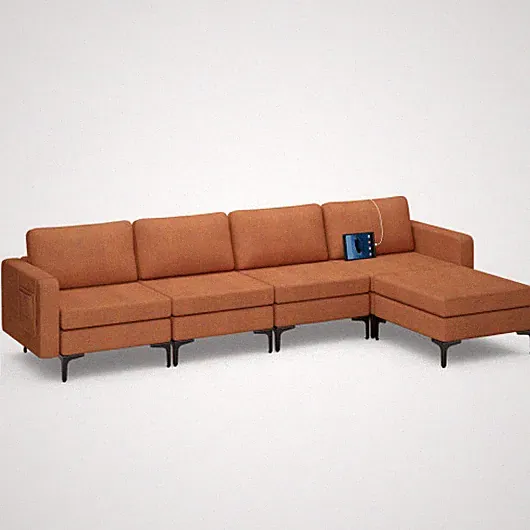 Modular L-shaped Sectional Sofa with Reversible Ottoman and 2 USB Ports-Orange