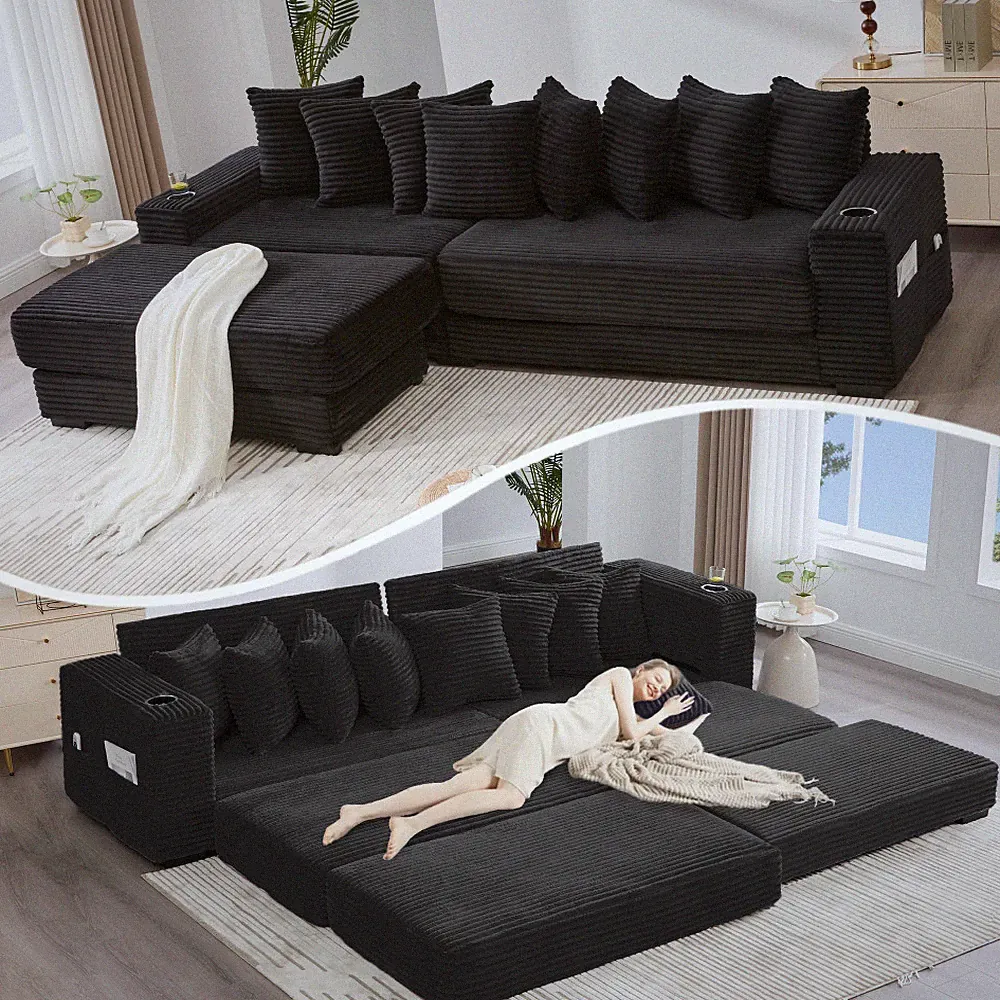 Modular L-Shaped Sofa Bed Chaise Reversible w/ Ottoman & Cup Holders Black