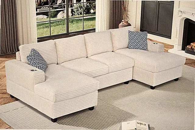 Modular Linen Sectional Sofa with Chaise Beige 124"