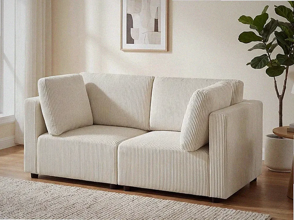 Modular Loveseat 2-Seater Corduroy Beige Cream Modern Sofa Thick Cushions Plush