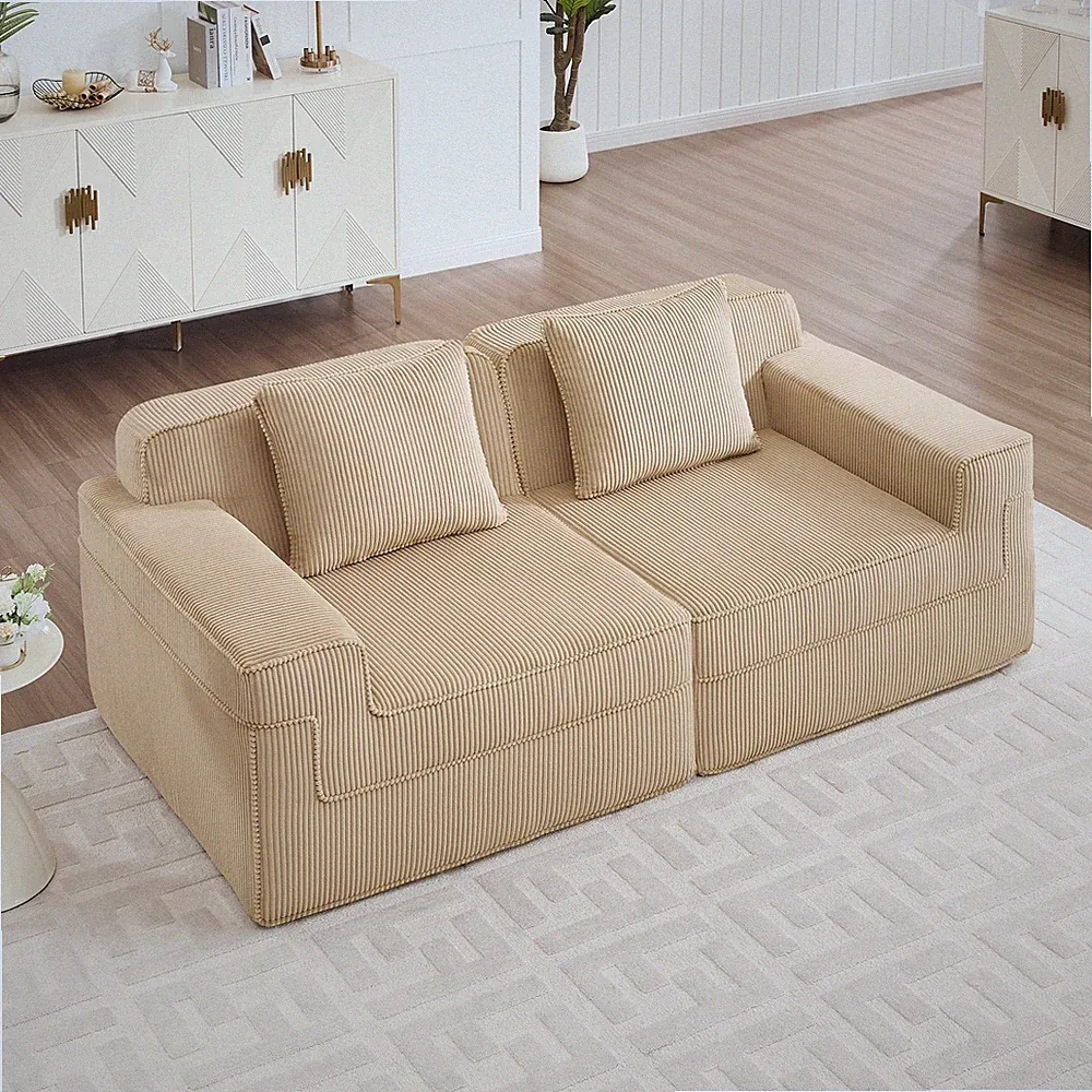 Modular Loveseat Sofa, 2-Seater Corduroy Cloud Sectional in Camel