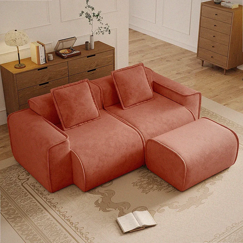 Modular Loveseat with Ottoman & Pillows, Red Velvet Fabric