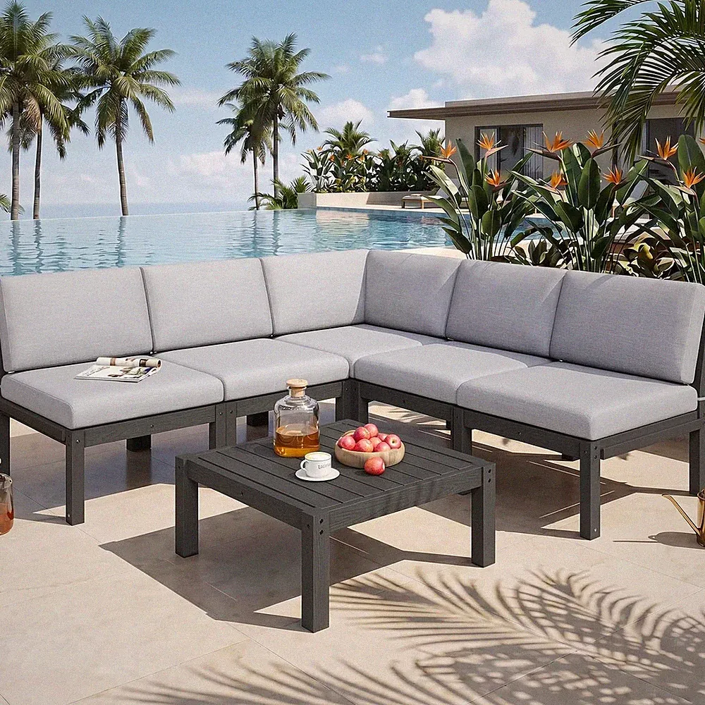 Modular Outdoor Patio Conversation Set, 6-Piece L-Shaped Sectional Sofa Set with