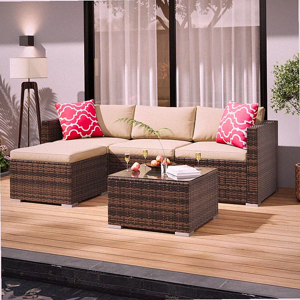 Modular Outdoor Patio Sofa Set 5/7 Piece Wicker Sectional Couch w/ Coffee Table