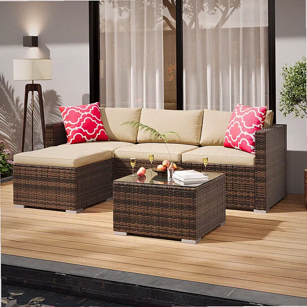 Modular Outdoor Patio Sofa Set 5/7 Piece Wicker Sectional Couch w/ Coffee Table